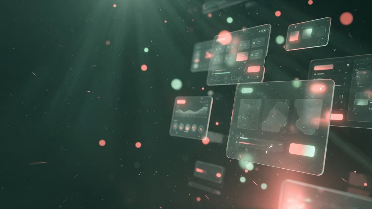 Abstract floating interface panels in Watermelon Web colours